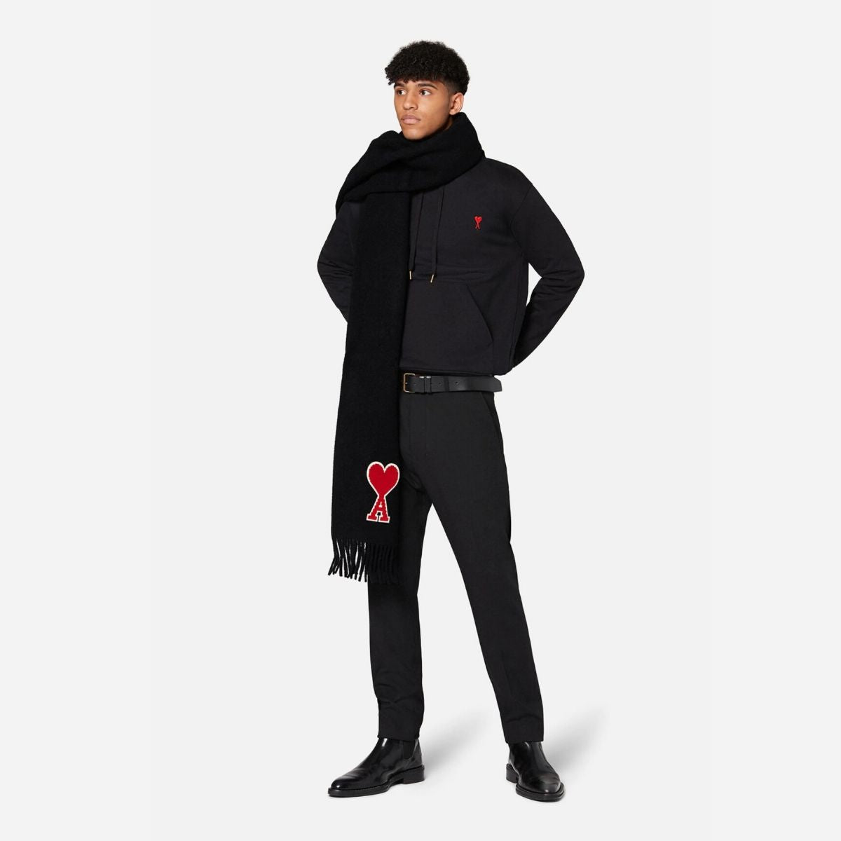 Ami Paris | Ami De Coeur Logo-appliquéd Fringed Black Virgin Wool