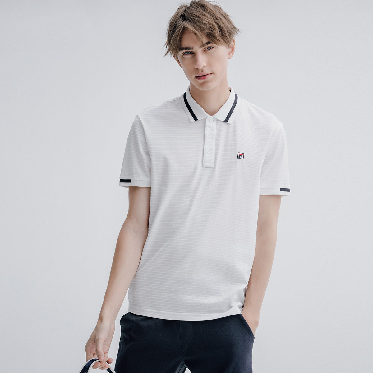 Rib Knit Collar Casual White Polo - Main Image