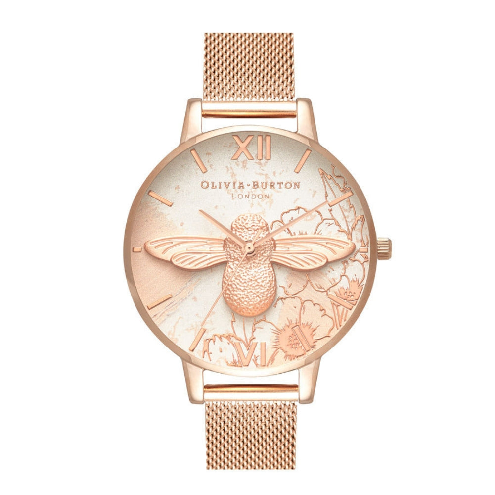 3D Bee Abstract Florals Dial Rose Gold Mesh Watch