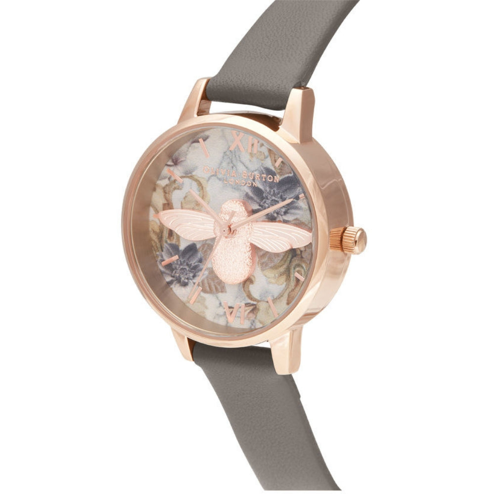3D Bee Marble Effect Printed Midi Dial Vegan London Grey and Rose Gold Watch