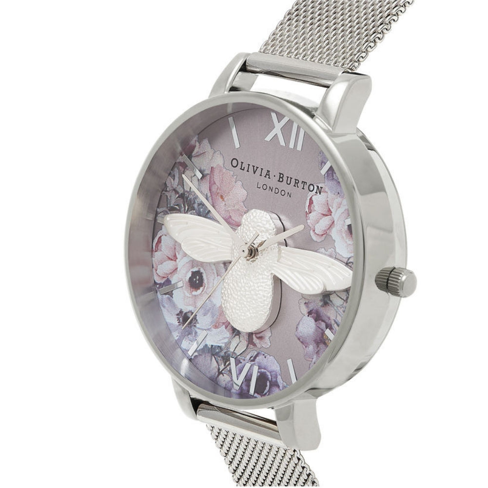 3D Bee Watercolor Florals Dial Silver Mesh Watch Seven Season