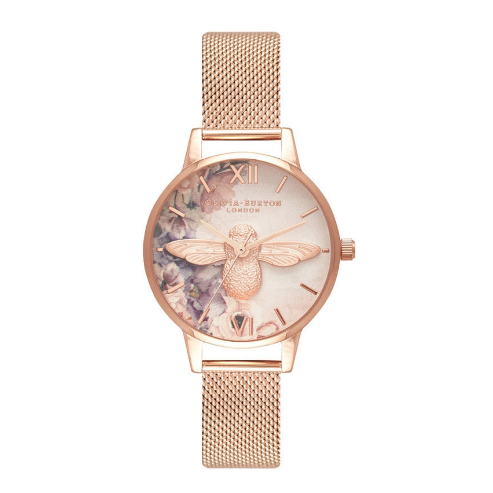3D Bee Watercolor Florals Midi Dial Rose Gold Mesh Watch