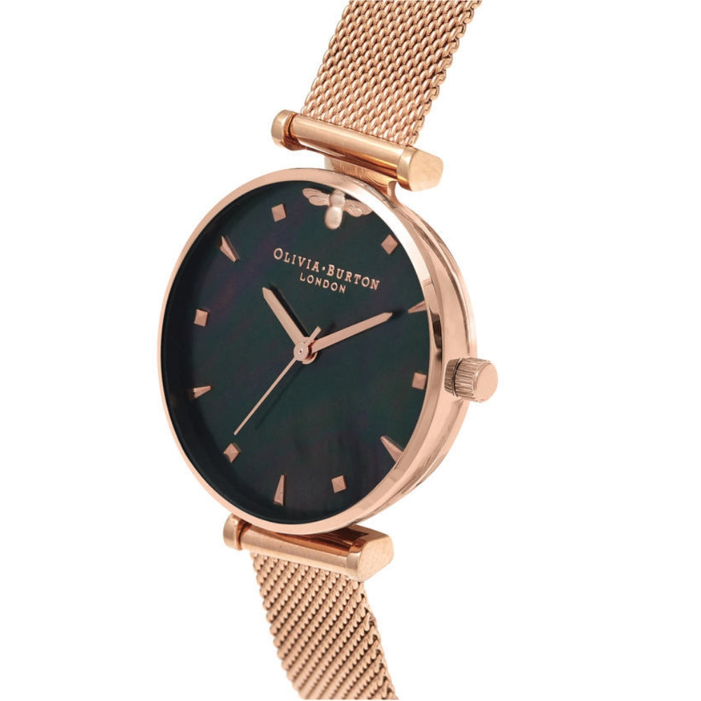Olivia burton black dial & rose deals gold mesh watch