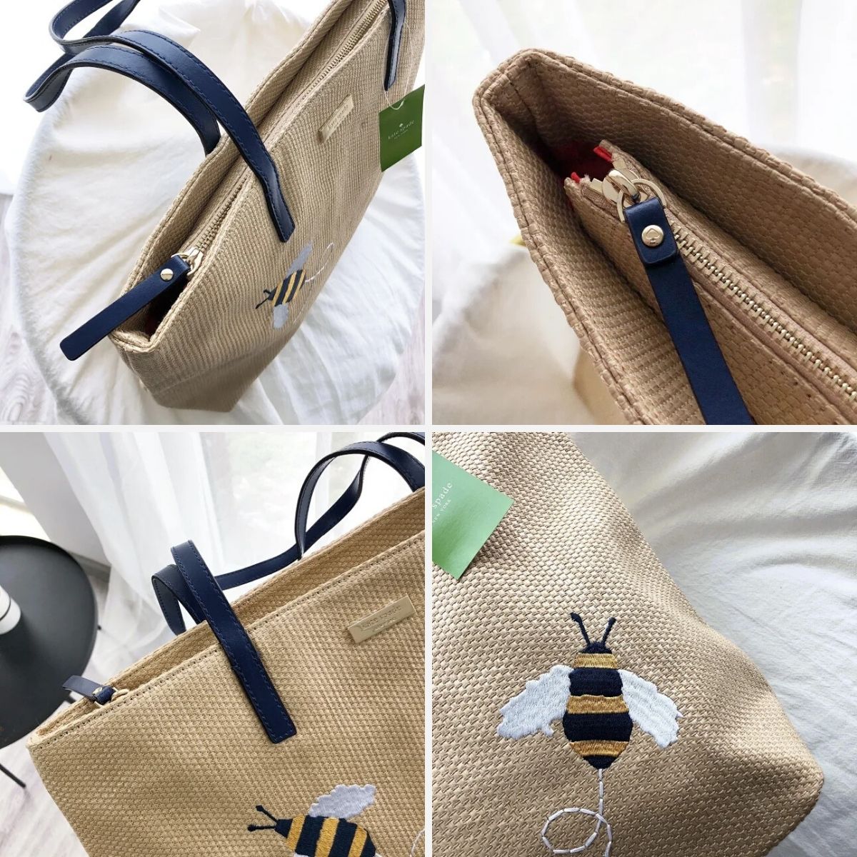 Webbing and leather-trimmed embroidered canvas tote