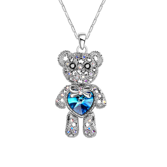 Seven Season Bear With a Blue Crystal Heart Pendant Necklace