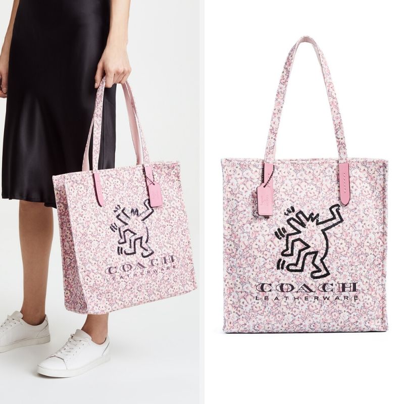 Keith Haring Dancing Man Embellished Floral Print Canvas Tote Seven Season