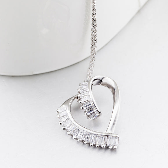Unique Open Heart with Rectangle Crystal Inlaid Pendant Necklace