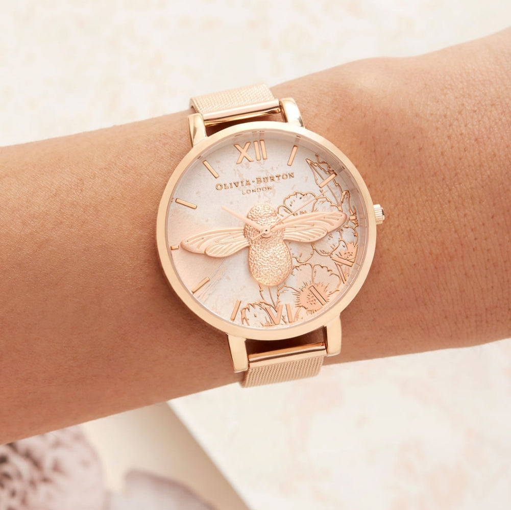 Abstract florals rose gold mesh watch discount