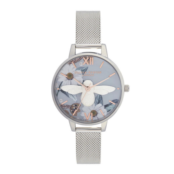 Olivia Burton 3D Bee Bejewelled Florals Demi Dial Blue and Silver Mesh Watch-Seven Season