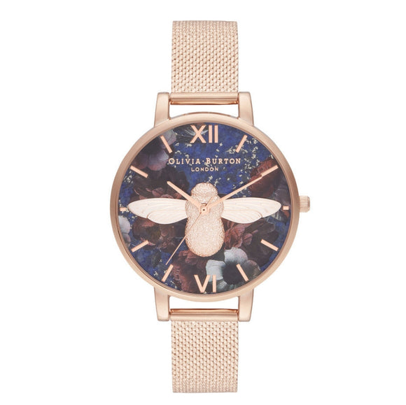 Olivia Burton 3D Bee Big Dial Lapis Lazuli and Rose Gold Boucle Mesh Watch-Seven Season