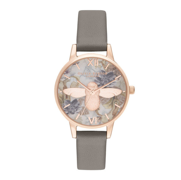 Olivia Burton 3D Bee Marble-Effect Printed Midi Dial Vegan London Grey and Rose Gold Watch-Seven Season