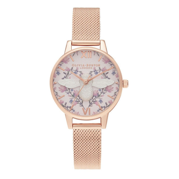 Olivia Burton 3D Bee Meant to Bee Blush Dial Silver and Rose Gold Mesh Watch-Seven Season