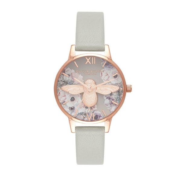 Olivia Burton 3D Bee Watercolor Florals Midi Dial Grey and Rose Gold Watch-Seven Season