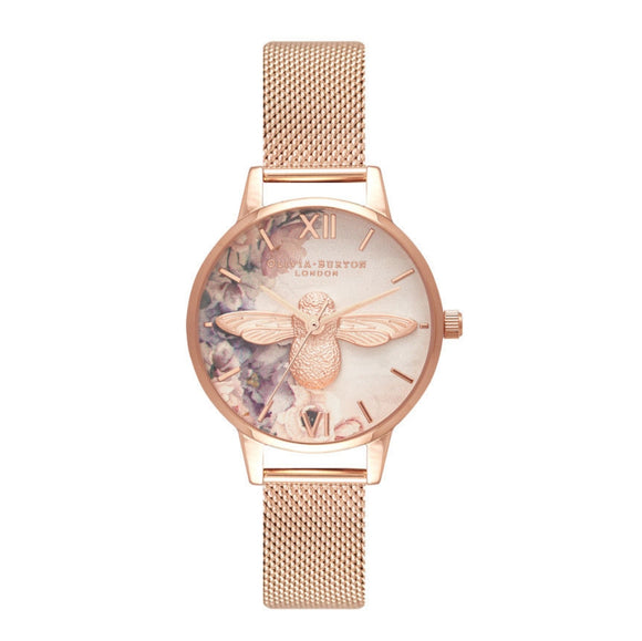 Olivia Burton 3D Bee Watercolor Florals Midi Dial Rose Gold Mesh Watch-Seven Season