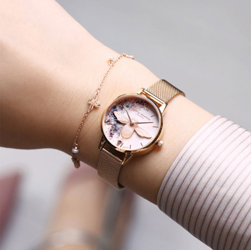 Olivia burton abstract florals rose gold mesh watch new arrivals