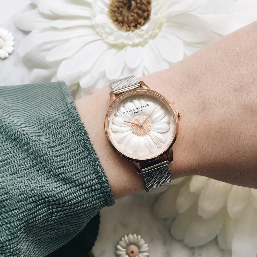 3D Daisy Midi Dial Rose Gold and Silver Mesh Watch Seven Season