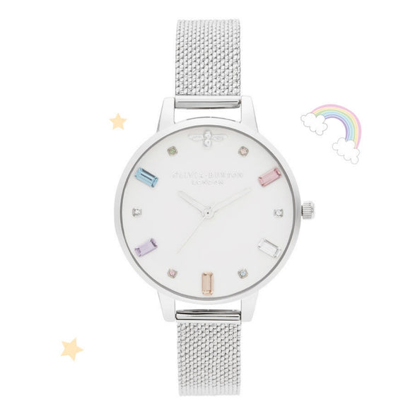 Olivia Burton Rainbow Bee Demi Dial Silver Boucle Mesh Watch-Seven Season