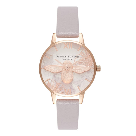Seven Season 3D Bee Abstract Florals Midi Dial Grey Lilac and Rose Gold Watch
