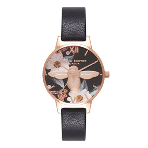 Seven Season 3D Bee Bejewelled Florals Midi Dial Black and Rose Gold Watch