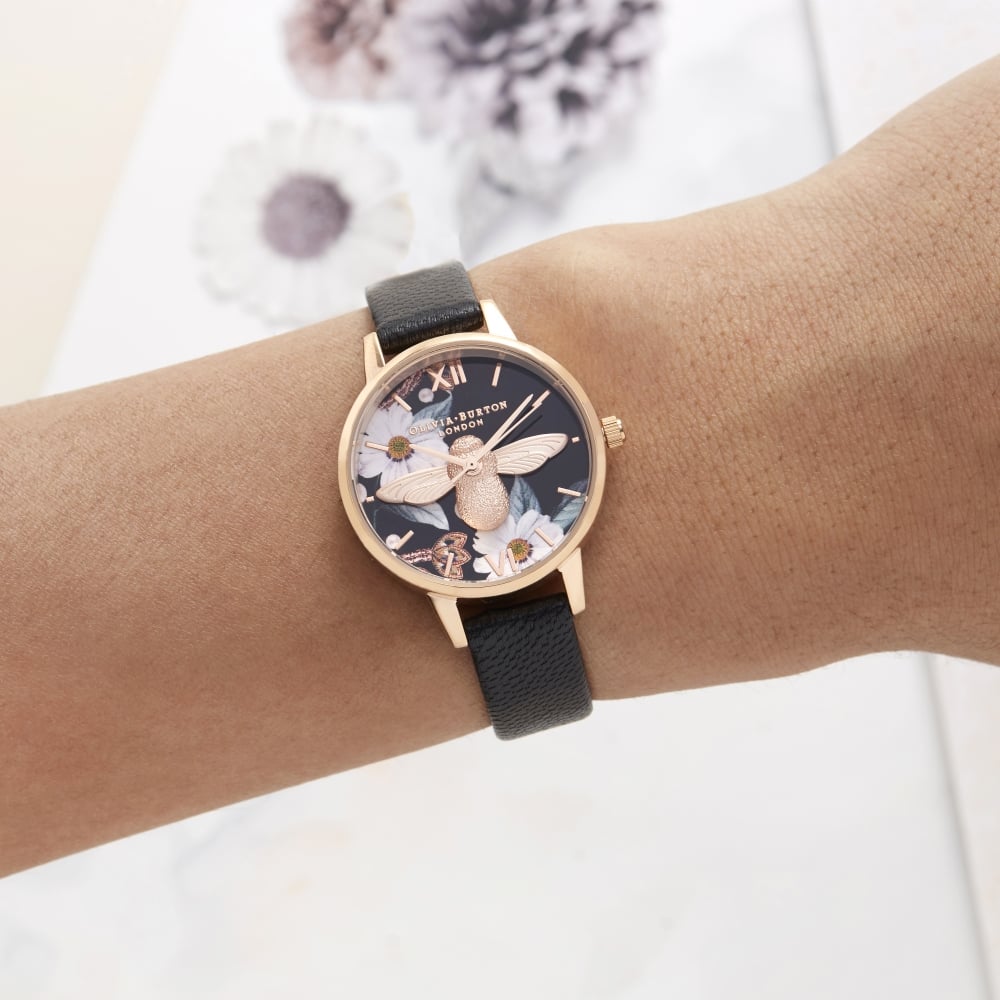 3D Bee Bejewelled Florals Midi Dial Black and Rose Gold Watch Seven Season