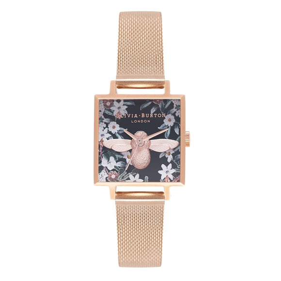 Seven Season 3D Bee Bejewelled Florals Square Dial Rose Gold Mesh Watch