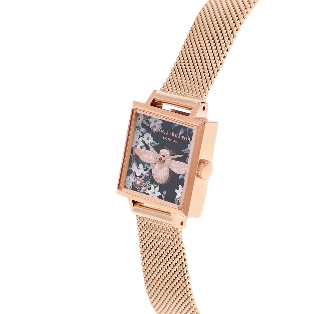 ★セール／即発♪★Olivia Burton 3D Beeメッシュウオッチ★ 3D Bee Watercolor Florals Dial Blush and Rose Gold Watch