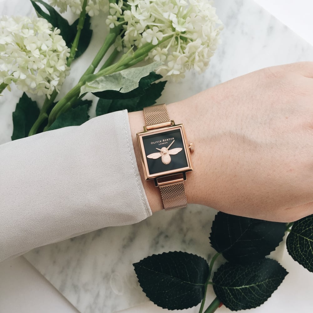 Olivia Burton London Watch – Black Mesh Strap & Rose Gold Bee on Floral Face 3D Bee Square Dial Black and Rose Gold Watch - Seven Season main image 3
