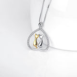 Seven Season Cutie Cat Golden and Silvery Two Cats Heart Pendant Necklace