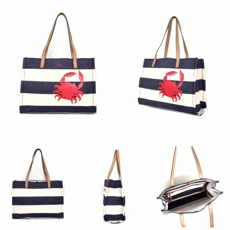 Kate Spade NY Eddie Tote Logo Canvas Beach Bag White Red Handle Navy Blue  Letter