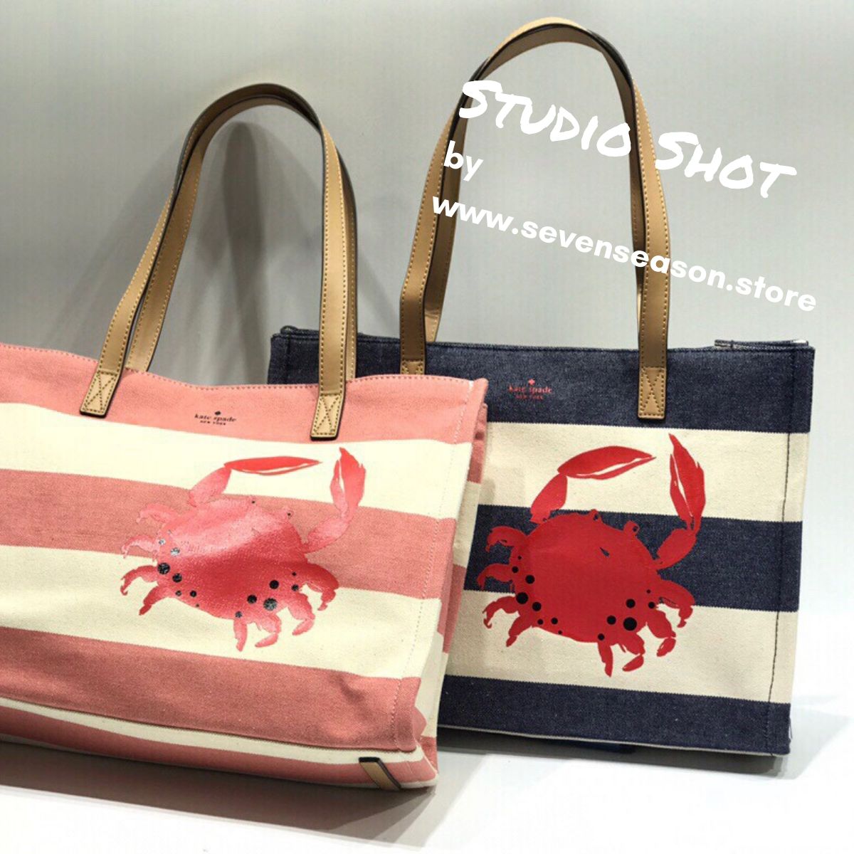 Kate Spade NY Eddie Tote Logo Canvas Beach Bag White Red Handle Navy Blue  Letter