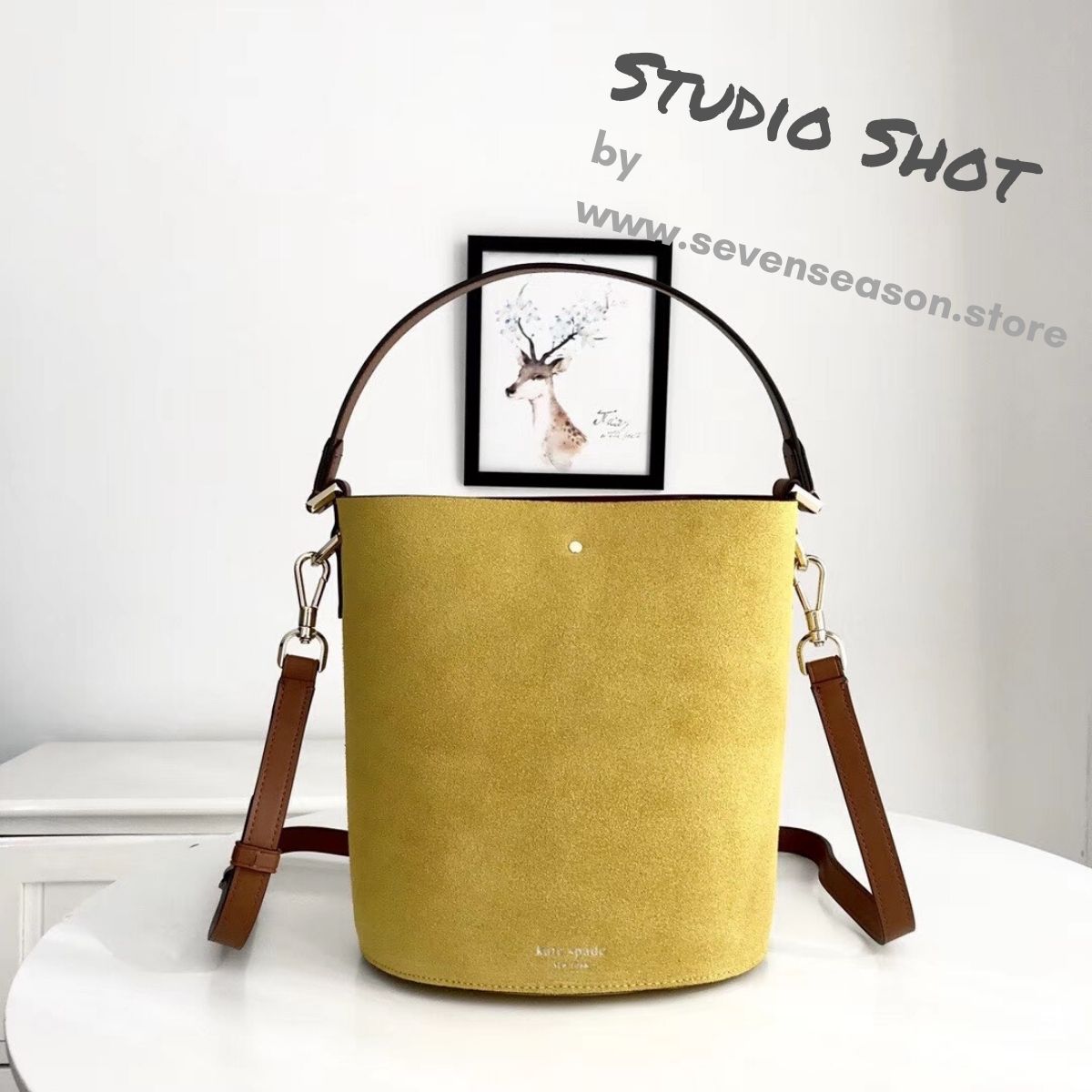 Suzy Suede Small Mustard Bucket Bag Seven Season