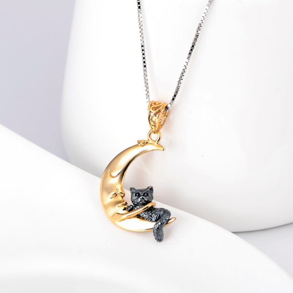 Seven Season Cutie Cat on the Moon Gold-Plated Sterling Silver Pendant Necklace